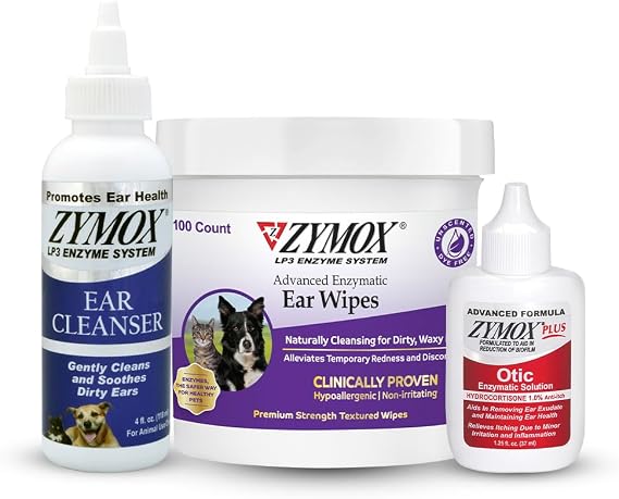 Zymox Enzymatic Ear Wipes, Ear Cleanser, Otic Plus Ear Solution for Dogs and Cats - Product Bundle - for Dirty, Waxy, Smelly Ears and to Soothe Ear Infections