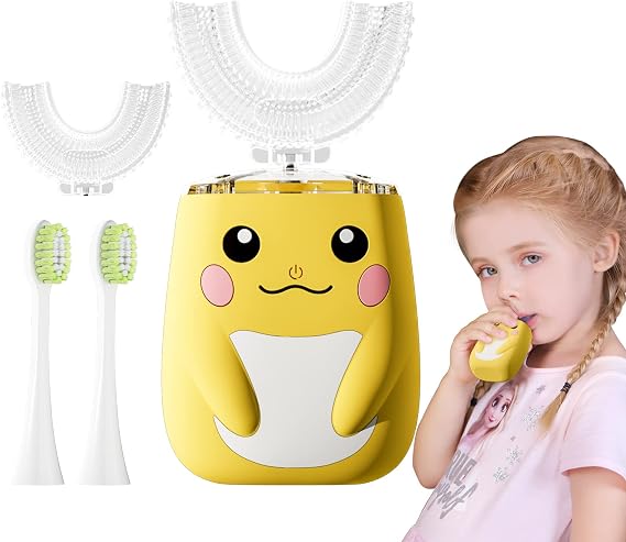 Kids U Shaped Electric Toothbrush with 4 Brush Head,Cartoon Design Auto Sonic Toothbrush for Children 2-7 Year, 360° Full Mouth Cleaning Toddler Power Toothbrushes
