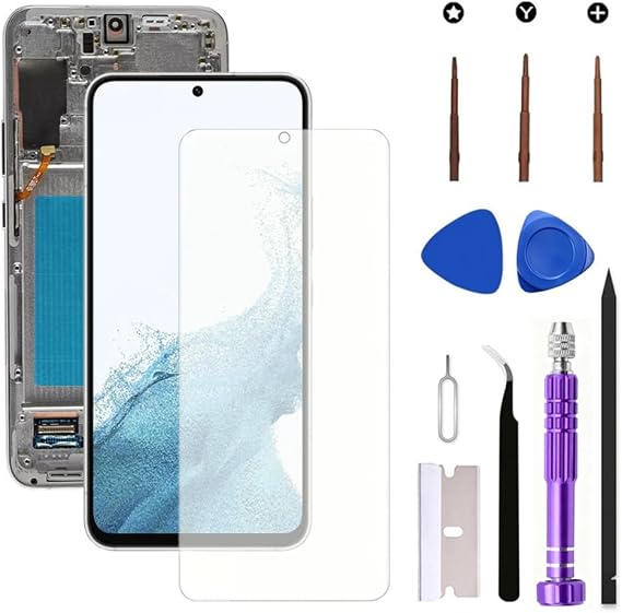 AMOLED for Samsung Galaxy S22 Plus 5G LCD Screen Replacement Galaxy S22Plus SM-S906U SM-S906B Display Screen Touch Digitizer Assembly Supports Fingerprint (with White Frame+Soft Film+Tools)