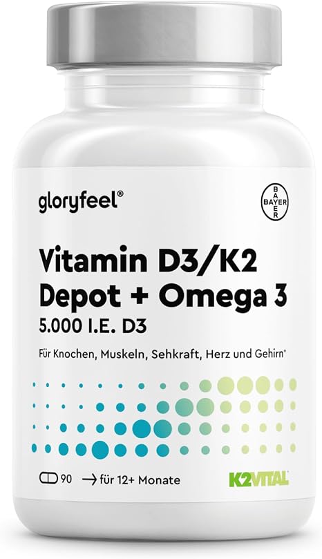 Vitamin D3 K2 & Omega 3-5000 IU – Brand Raw Material K2VITAL + 1000mg Fish Oil Triglyceride Form (DHA + EPA) – 99.7+% All-Trans Vitamin K2 MK7 – High Dose Laboratory Tested Developed in Germany