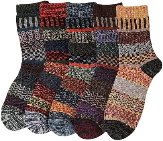 Tooe Men's Vintage 5 Pairs Warm Wool Socks Japanese Thick Crew Knit Pattern Socks Harajuku Cozy Thermal Casual Socks