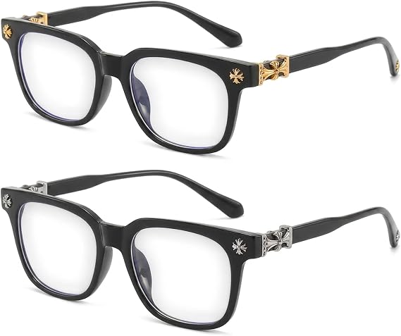 2 Pcs Blue Light Glasses, Of Chrome Hearts Glasses for Digital Professionals, Fashion Glasses with Metal Details, Trendy Frames in Black-Gold and Black-Silver for Office and Social Occasions