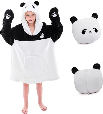 IFNOW Wearable Blanket Hoodie Kids, Oversized Fleece Blanket Sweatshirt Christmas Birthday Gifts for Boys, Girls, Teen Hoodie with Portable Foldable Blanket Pillow, Animal Embroidery 5-15 Years, Panda