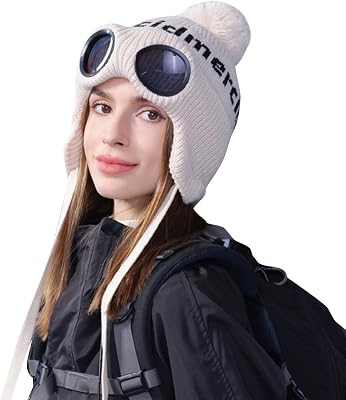 Beanie with Goggles Women Winter Outdoor Sports Ski Warm Wool Hats Knitted Stylish Skull Caps Sunglass Beige