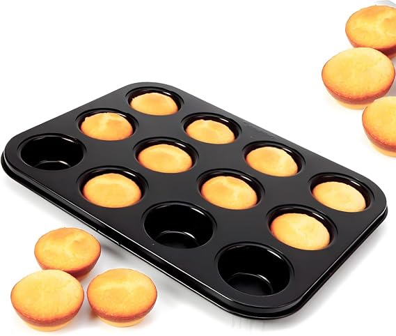 1 Pack Round Muffin Baking Pan, Premium Steel Muffin Pan for Baking, Cupcake Tin Cheesecake Pans, Bakeware Muffin Top Pan (12 Cups,Black)
