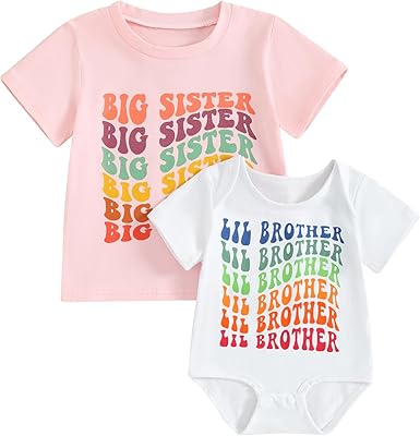 Baby Big Sister Lil Sister Big Brother Lil Brother Shirts Set Matching Outfits Bro Sis Short Sleeve Romper Tops