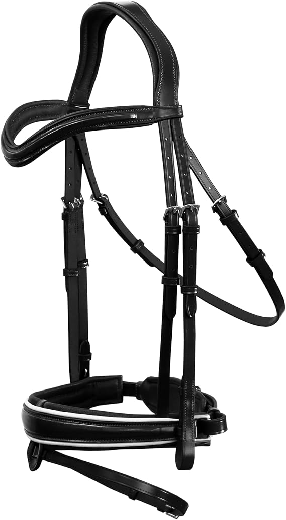 Exion Dressage Bridle for Horse with White Piping Premium Padded Leather English Bridle with Detachable Flash & Web Reins Black, Brown Cob, Full, Pony, Warmblood