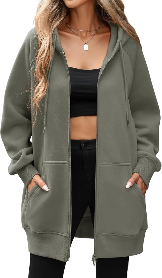 CMTOP Women's Long Thin Fleece Hoodie Classics Leisure Sweatshirt Basic Casual Sweat Jacket Plain Hooded Jacket Streetwear Hoody with Hood Zip Pockets