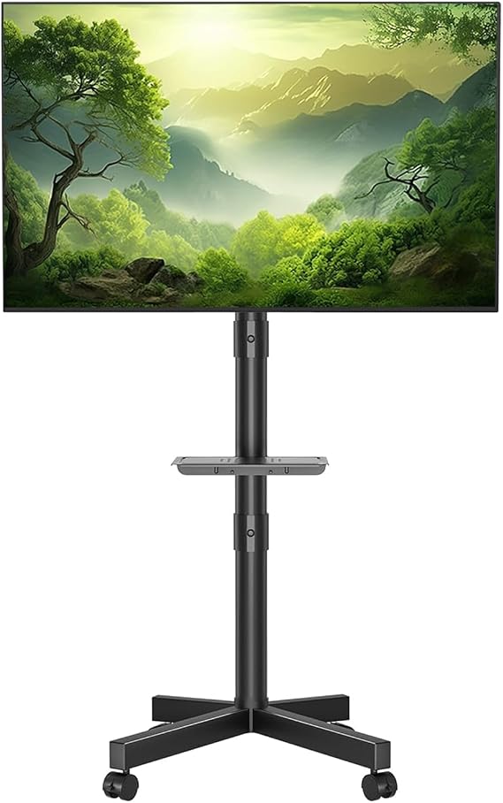 Mobile TV Cart 23 to 60 inch Screens up to 25kg, Rolling Floor TV Stand Cart with Locking Wheels, with Media Shelf, Adjustable Tilt Height for 4K Smart TV LCD, OLED Flat & Curved, Max VESA 400x400mm