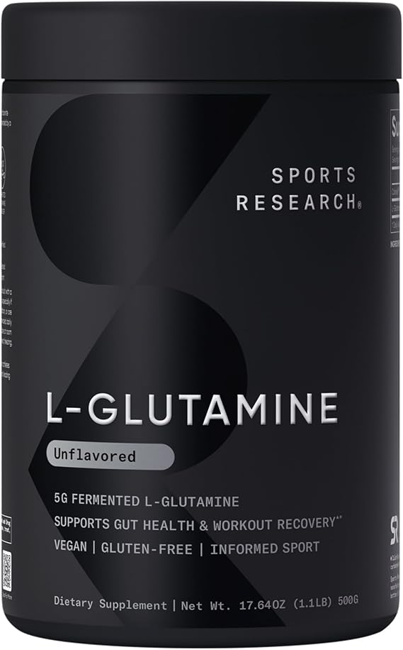 Sports Research L-Glutamine Powder 5g, Unflavored (17.64oz) | Fermented L-Glutamine | Workout Recovery & Gut Health Support | Informed Sport, Vegan, Gluten-Free - 100 Servings