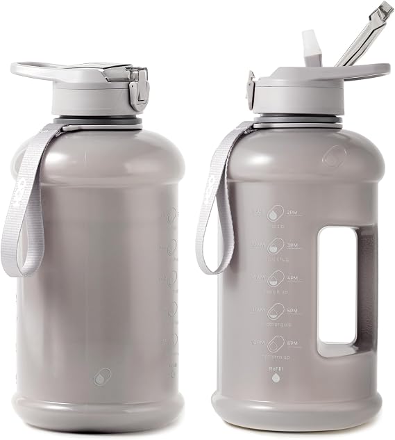 H2O Capsule INSPO Half Gallon Water Bottle with Time Marker and Straw Motivational Hydration Tracker Jug Big BPA-Free Food-Safe Leakproof Drinking Bottle Handle & Strap, Ash Gray