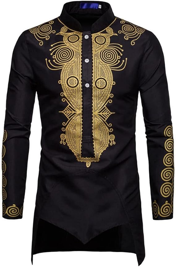 Long Sleeve Mens African Dashiki Button Down Shirt Traditional Printed Caftan Shirt Tunic Ethnic Tops Slim Fit Pullover