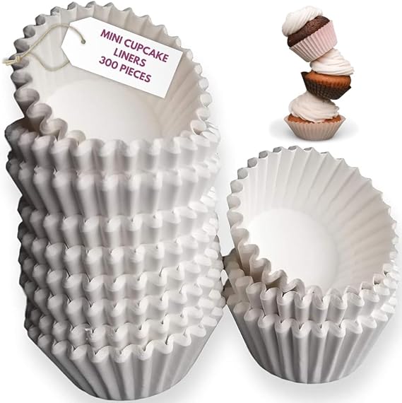 Mini Cupcake Liners, White Paper Baking Cups for Mini Muffin Pans, 300 Pack | Cupcake Wrappers, For Cupcakes, Muffins, Cheesecakes and Keto Fat Bombs, Suitable for Birthdays, Parties and Everyday Baking.
