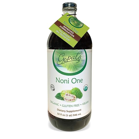 Noni One | 100% Pure Organic Noni Juice - 32oz Glass Bottle (1 qt) | Gluten-Free and Vegan Superfruit Supplement, 30 grams of Noni Juice Per Serving, Vitamin and Antioxidant Rich | Gopal's Healthfoods