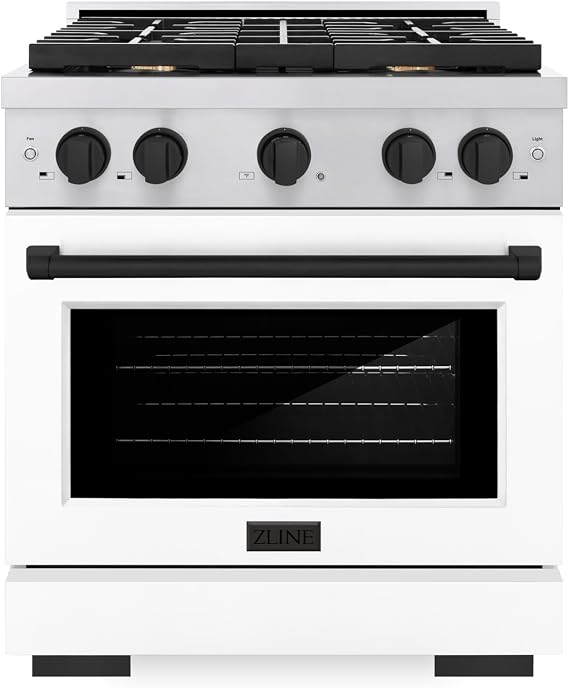 ZLINE Autograph Edition 30 in. 4.2 cu. ft. Paramount Gas Range with 4 Burner Cooktop and Convection Gas Oven in Stainless Steel with White Matte Door and Matte Black Accents (SGRZ-WM-30-MB)
