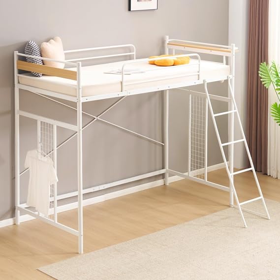Bed Frame Loft Bed, Adult System Bed W x D x H: 77.7 x 41.0 x 70.9 inches 196 x 104 x 179 cm, 3-Way Loft Bed, Single, Storage Included, Nordic Style, Steel, Shock-Resistant, Outlet Included, Mesh