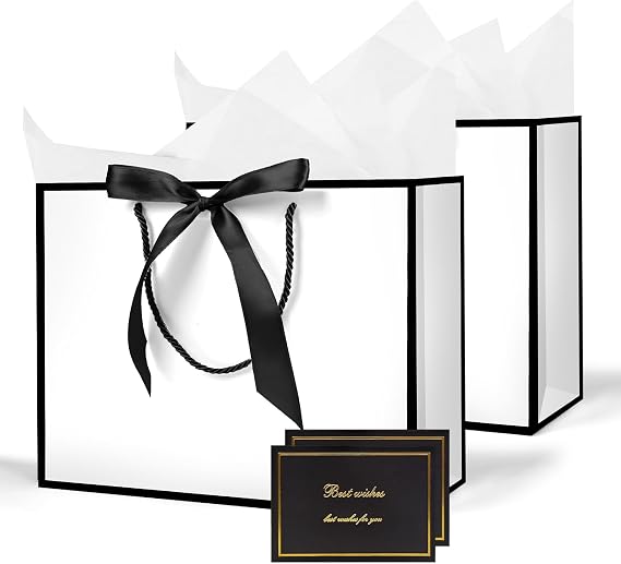 AMFUN 2PCS Medium White Gift Bag, Paper Gift Bag with 4 Wrappers and 2 Cards, Present Bags with Handles, White Paper Bags for Women Valentines Girls Bridesmaid Birthday Wedding Party (White-Black)
