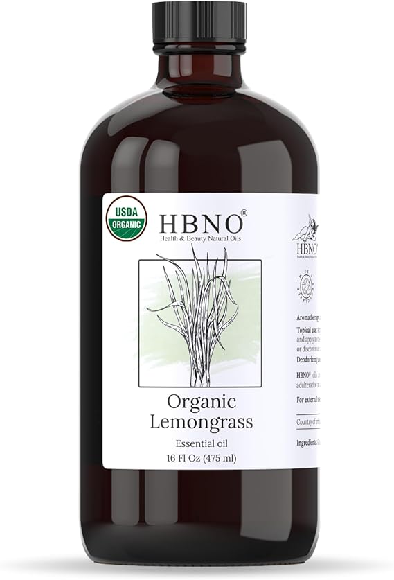 HBNO Organic Lemongrass Essential Oil - 16 oz (475ml) Large Size - Ideal for Shampoos, Conditioners, Mouth Washes, Face wash, Lotions, and Skin Care Products.