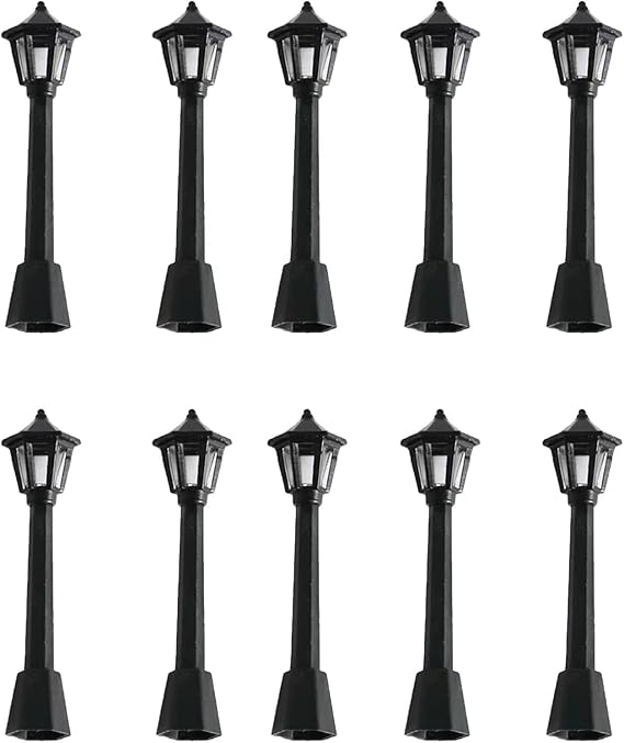 10 Pcs Black Mini Miniature Street Light Model, Railway Train Post Lamps, Black Lamp Outdoor Pathway Lantern Post for Dollhouse Decoration Micro Landscape Fairy Garden Accessories