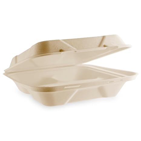 Vegware Compostable 9" Clamshell 3 Compartment To Go Containers, Case of 200, Reclaimed Natural Fiber, For Cold or Hot Food, Large Take Out Food Box, Tree-Free, Doesn't Trap Condensation