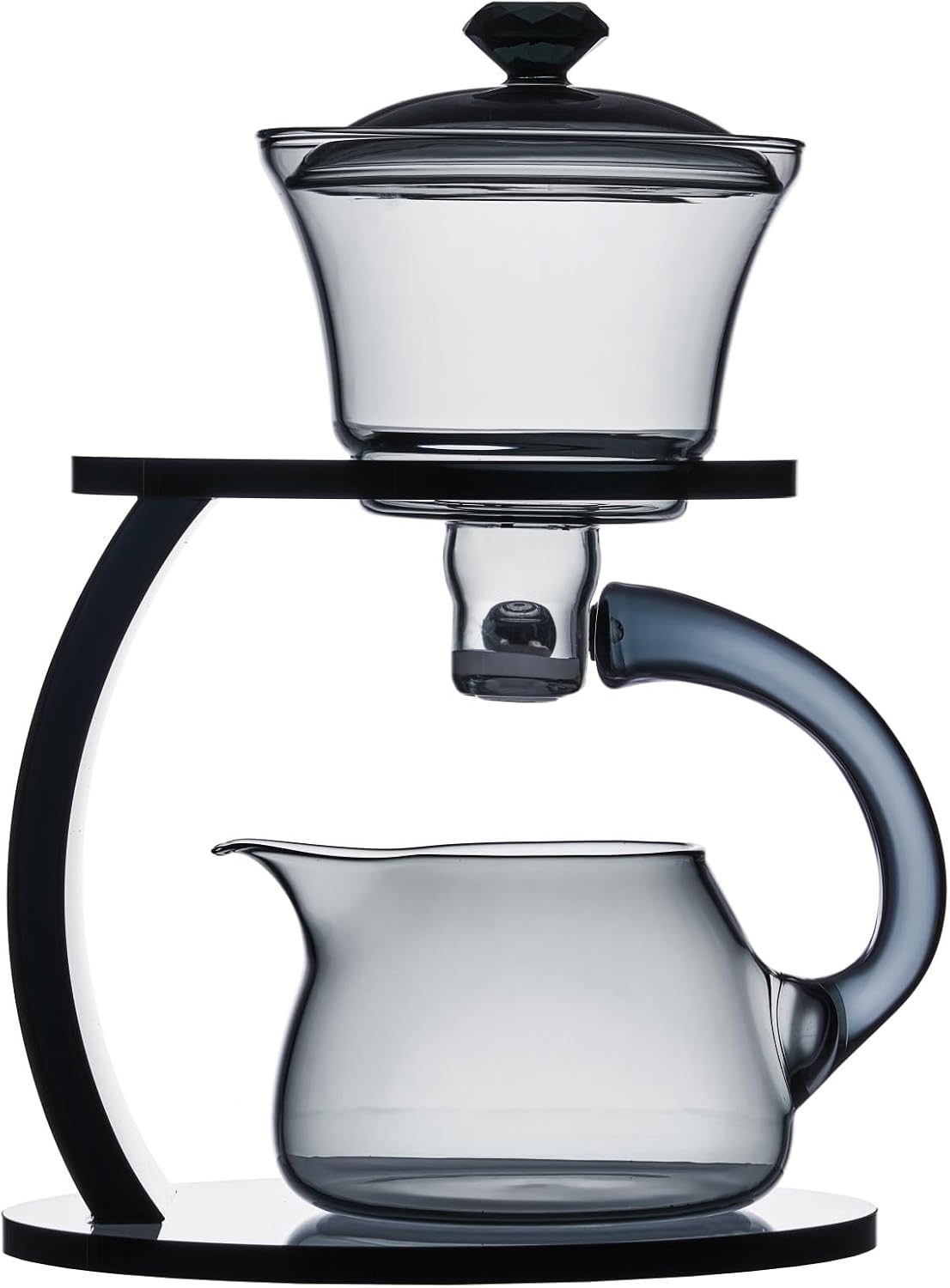 MOZEO Glass Teapot Set Semi Automatic Drip Rotating with Infuser Lazy Kungfu Tea pot Set Heat Resistant Tea Set Grey