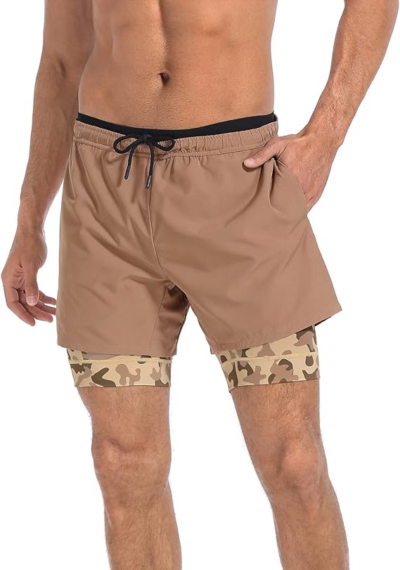 LRD Men's 2 in 1 Athletic Gym Workout Shorts with Compression Liner Quick Dry Running Shorts with Pockets 5 Inch Inseam