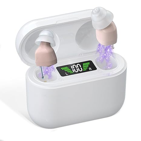 Hearing Aids Digital Rechargeable with Charging Box Indicating Remaining Power, CIC Noise Cancelling Invisible Sound Hearing Amplifier, Intelligent Hearing Aid Noise Reduction (Brown)