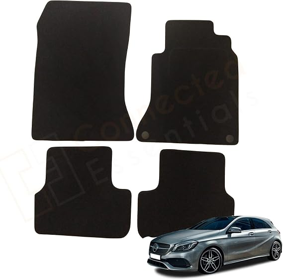 Fully Tailored Car Mats for Mercedes A Class W176 2013-2018, Set of 4 Floor Mats, Black with Black Trim with 2 Safety Clips by Connected Essentials