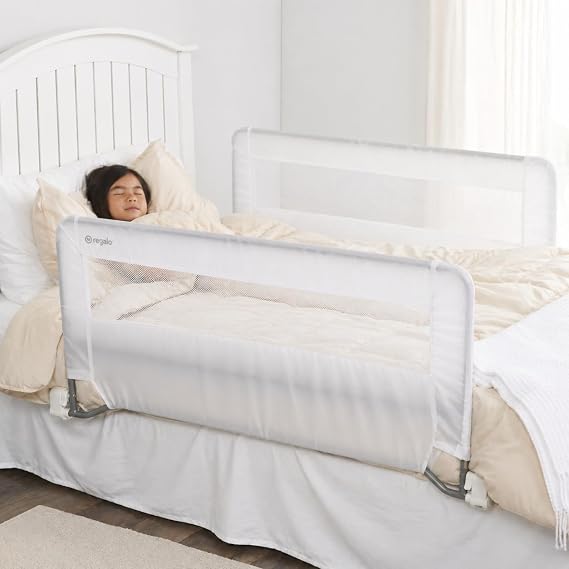 Regalo Safety Double-Sided Swing Down Bed Rail Guard (2-Pack), Toddler Bed Rail for Twin to Queen Beds, Extra Long 43, Reinforced Anchor System, Easy Install, White
