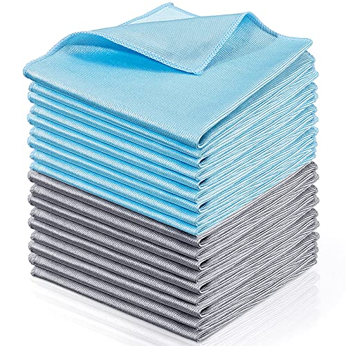 Tatuo 18 Pcs Microfiber Glass Cleaning Cloths 16 x 16 Polishing Cloth - Streak Free - Lint Free - Quickly Clean Windows, Glasses, Windshields, Mirrors, Stainless Steel, MonitorBlue Gray