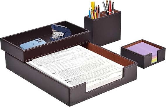 4-Piece Set Office Supplies/Desk Organizer Including Pu Leather Letter Paper Tray,Sticky Note Holder,Pen Cup,Stackable Small Letter Mail Sorter,Tray Document Holder Fits A4 Paper (Brown)