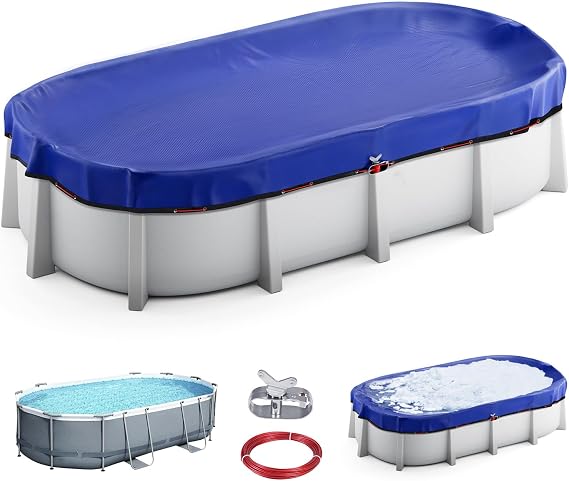 UIRWAY Upgraded 18x34 ft Oval Pool Cover- 200gsm Heavy Duty Fabric Pool Cover for Above Ground Pools, Extra Thick & Durable, Cold and UV Resistant, Includes Winch and Cable Set