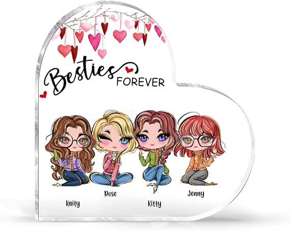 Gossby Personalized Heart-shaped Best Friend Acrylic Plaque - Custom Gift for Female Friend with Design, Name - Birthday, Christmas, Long Distance Besties Gifts for Women - Besties Forever - 4 BFFs