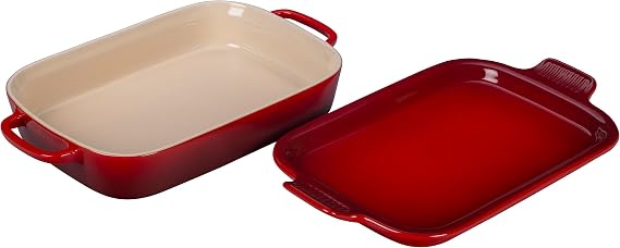 Le Creuset Stoneware Rectangular Dish with Platter Lid, 14 3/4" x 9" x 2 1/2", Cerise (Cherry Red)