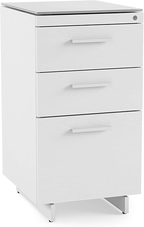 BDI Furniture Centro 6414 Locking 3-Drawer File Cabinet for Home or Office with Letter or Legal-Sized File Drawer and 2 Supply Drawers, Satin-Etched Tempered Glass Top, Satin White