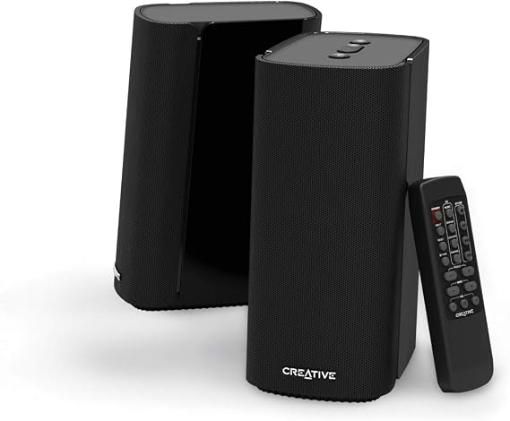 Creative T100 2.0 Compact Hi-Fi Speakers, up to 80W Peak Power with Bluetooth 5.0, Optical-in, AUX-in, Wide Soundstage and Audio Clarity with Bass Control for Computers and Laptops (Black)