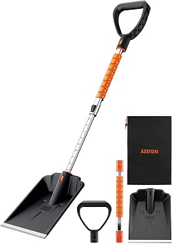 AstroAI Lightweight Snow Shovel for Driveway, Extendable Snow Shovel for car with Thickened Aluminum Handle and Blade, Portable and Multifunctional for Cars, Snowmobiles, Camping and Emergency