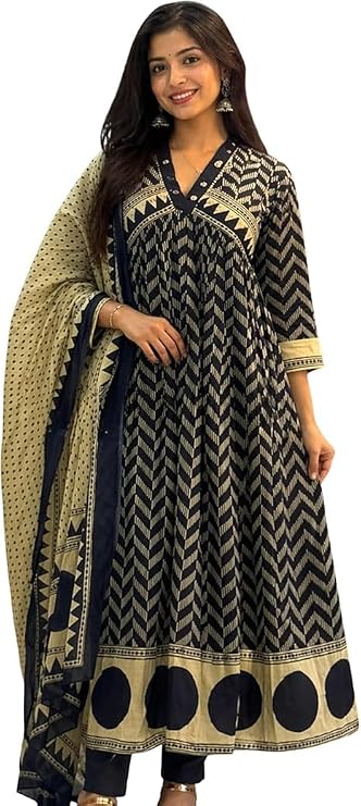 Cotton Anarkali Indian Kurti for Women Summer Dress Kurta Pant with Dupatta Set, Ethnic Indian Traditional Dress