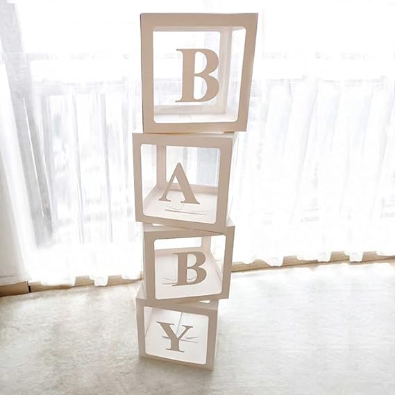 Baby Shower Box Decoration for Boys or Girls Pack of 4 Transparent Baby Balloon Box with Letters Baby Shower Box Balloon Boxes for Baby Shower Decoration Birthday Baby Shower Party Bridal Shower