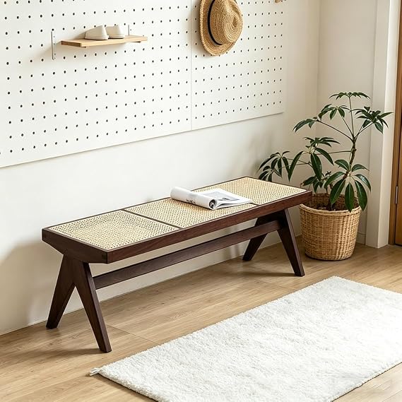 Farmhouse Rustic Solid Wood Bench 50.4"/54.3" L Entryway Bench Breathable Rattan Dining Bench for Kitchen, Living Room, Hallway, End of Bed(Walnut,50.4x17.7x17.7inch)