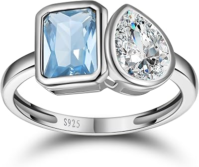 6x8mm 3.5CT Toi Et Moi Ring 925 Sterling Silver 14k Gold Plated Aquamarine Engagement Ring For Women Double Stone Ring Emerald & Pear Cut Cubic Zirconia Wedding Ring Width Band 1.9mm - Size 5-9