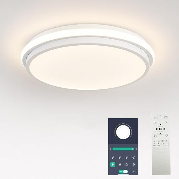 Naroume 40cm Smart LED Ceiling Light, Dimmable Modern Metal Round Flush Mount with Remote Control, Wraparound Lighting Fixture for Kitchen Bedroom,Children's Room (3-38) x2W [Energy Class B]