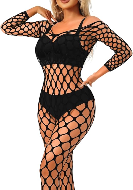 ChiaoLezhee Exotic Fishnet Bodystocking, Rave Glow Outfits, One Size, Sheer Mesh Dancewear Sexy Jumpsuit Plus Wear Dancer