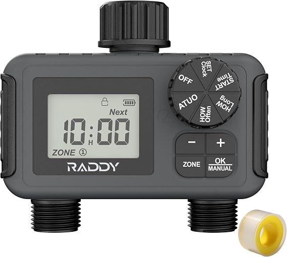Raddy WS-5 Sprinkler Timer 2 Zone, Programmable Water Hose Timer 2 Outlet for Garden, Outdoor Automatic Irrigation System IP55 Waterproof with Rain Delay/Manual for Lawn, Yard, Pool
