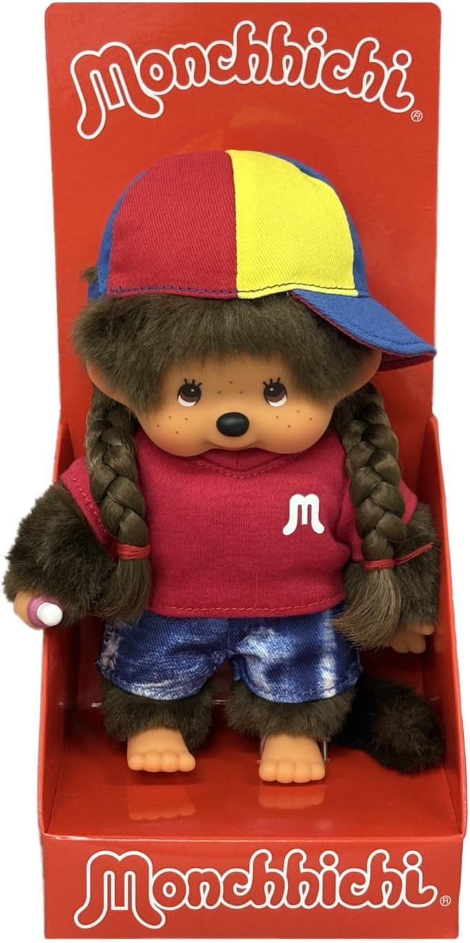 Sekiguchi 205240 Original Monchhichi Girl with City Girl Outfit and Baseball Cap Approx. 20 cm Cuddly Toy Made of Brown Plush