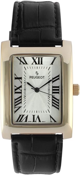 Peugeot Men's Vintage Tank 14K Gold Plated Roman Numeral Leather Watch
