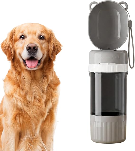 Dog Water Bottle, 400ml Leak-Proof Pet Water Dispenser & 180ml Food Container, Portable Puppy Water Dispenser, Portable 2 in 1 Dog Water Bottle for Walking and Outdoor Adventures (gray)