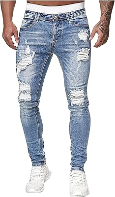Mens Slim Fit Stretch Jeans Destroyed Ripped Skinny Jeans Side Striped Denim Pants Fashion Stretch Trouser