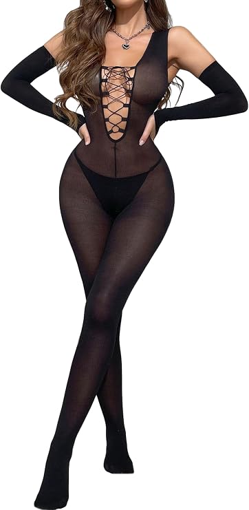RUIBAVYA Bodystocking for Women Sleeveless Matte Full-body Bodysuit Crossed Chest Straps Deep V Jumpsuit Includes Gloves