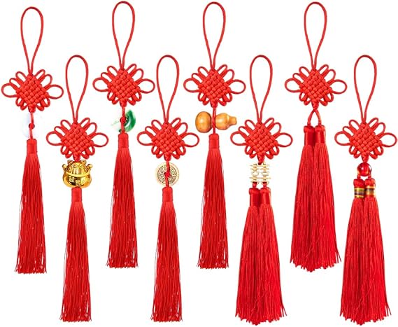 8 PCS Chinese Knot Lucky Hanging Pendant Lucky Cat Bead Coin Gourd Jade Piece Xi Red Tassel Enless Knot Feng Shui Charm Wealth and Good Fortune Gift for China New Year Home Office Car Decor Souvenir